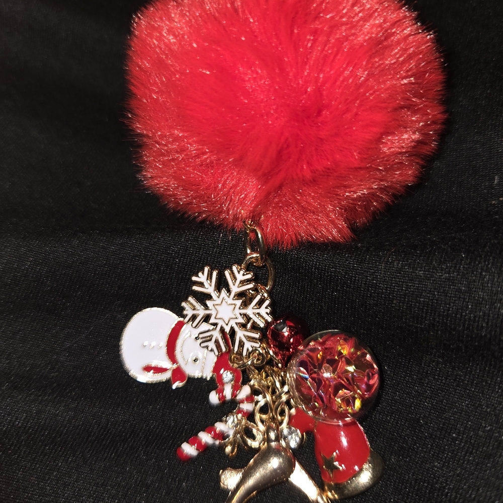 Red Pom Pom Keychain with Snowman Charm NWOT - Picture 3 of 6